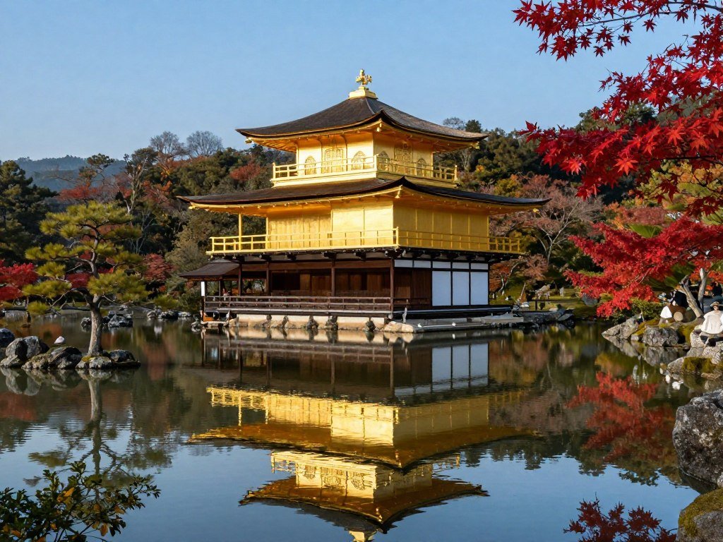 Kinkaku-ji Golden Pavilion reflecting in mirror pond with autumn colors Kinkaku-ji Golden Pavilion reflecting in mirror pond with autumn colors