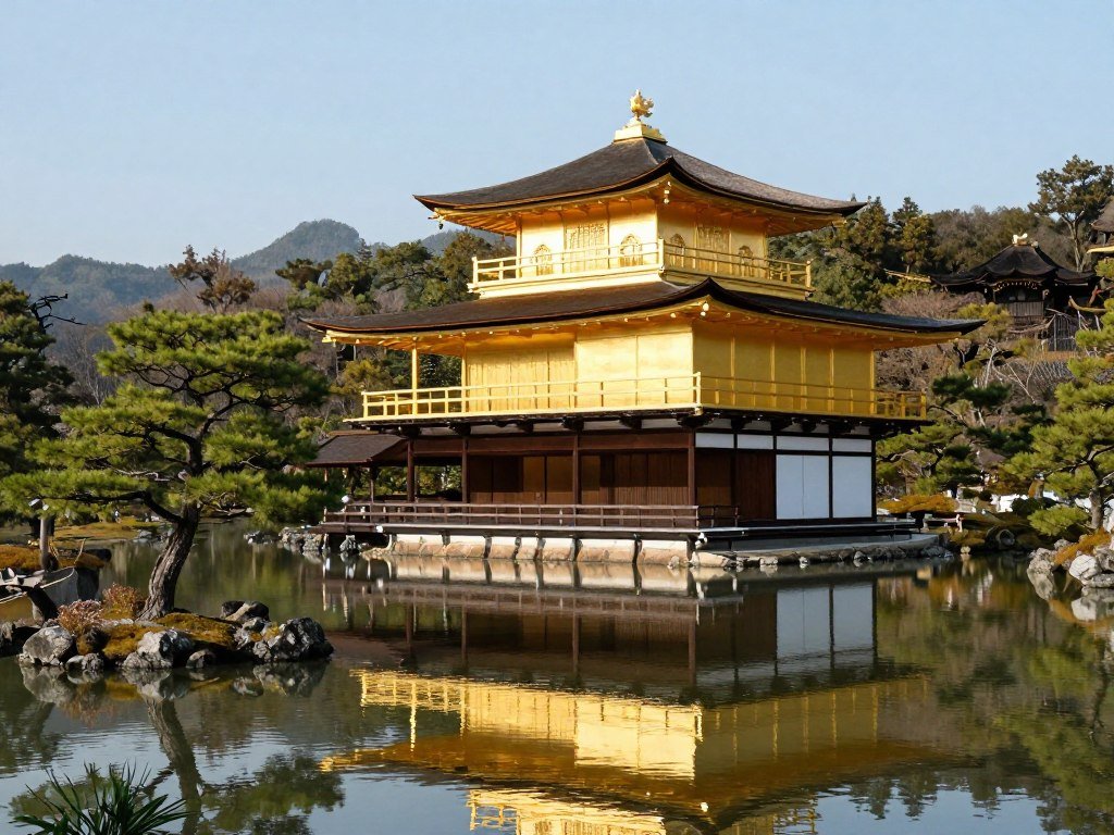 Kinkaku-ji Golden Pavilion temple covered in gold leaf reflecting in mirror pond Kinkaku-ji Golden Pavilion temple covered in gold leaf reflecting in mirror pond