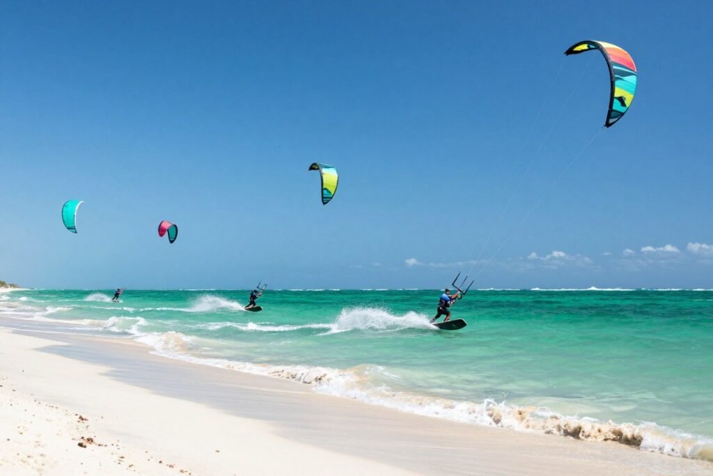 Kiteboarding at Leighton Beach with multiple colorful kites in the sky