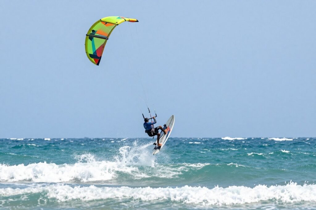 Kitesurfer performing tricks on Mui Ne beach with colorful kite in blue sky