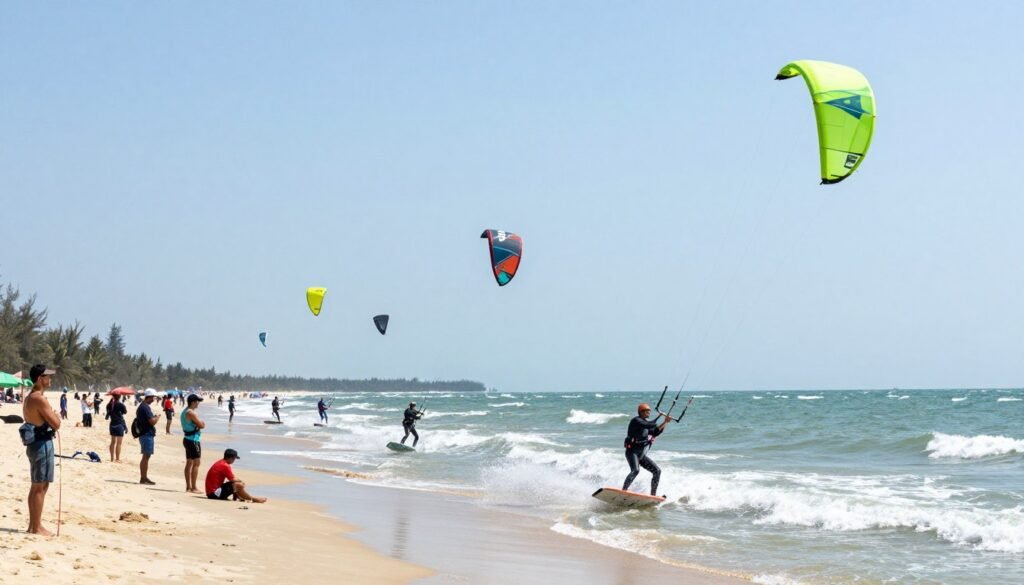 Kitesurfing competition in Mui Ne with multiple kites in sky