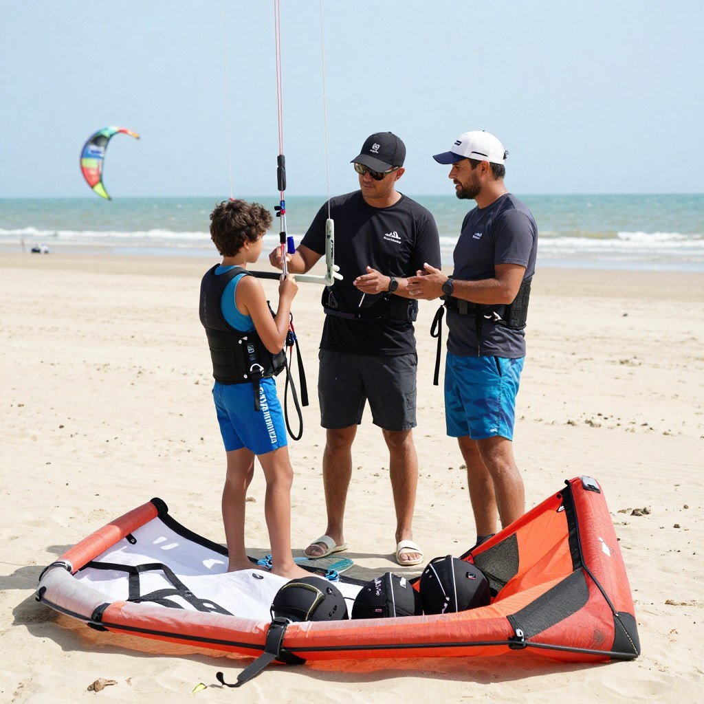Kitesurfing instructor teaching student on Mui Ne beach