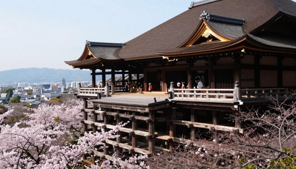 Kiyomizu-dera temple wooden stage overlooking Kyoto cityscape with cherry blossoms Kiyomizu-dera temple wooden stage overlooking Kyoto cityscape with cherry blossoms