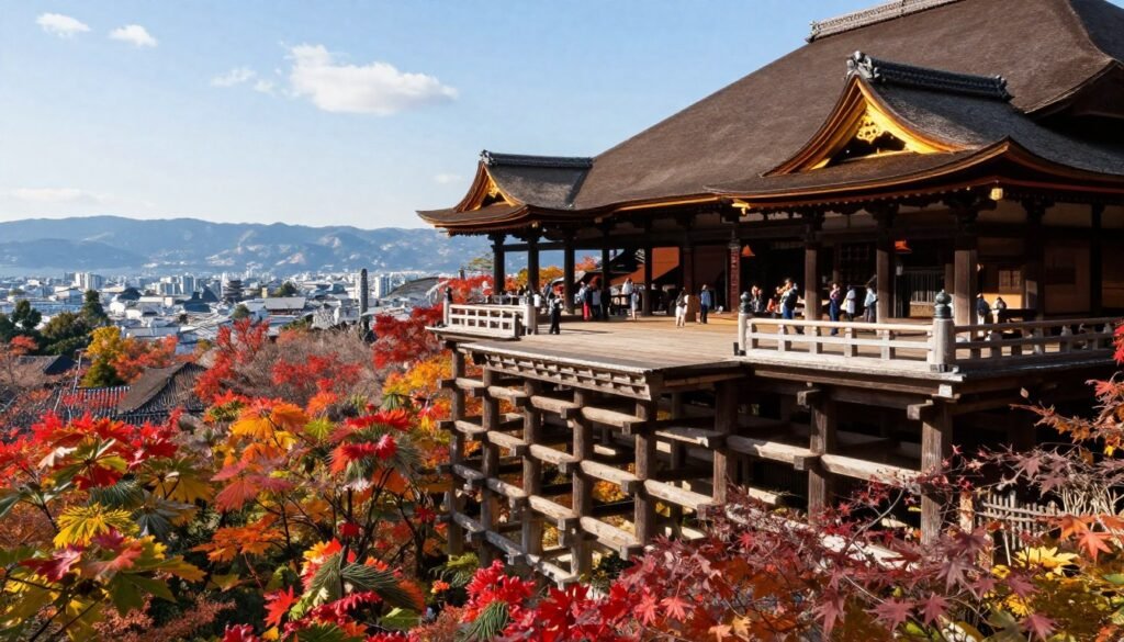 Kiyomizu-dera wooden stage overlooking autumn foliage and city Kiyomizu-dera wooden stage overlooking autumn foliage and city