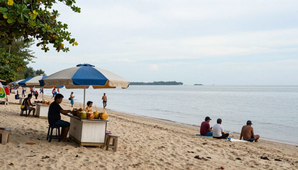 Klebang Beach in Malacca with coconut shake stands and beachgoers
