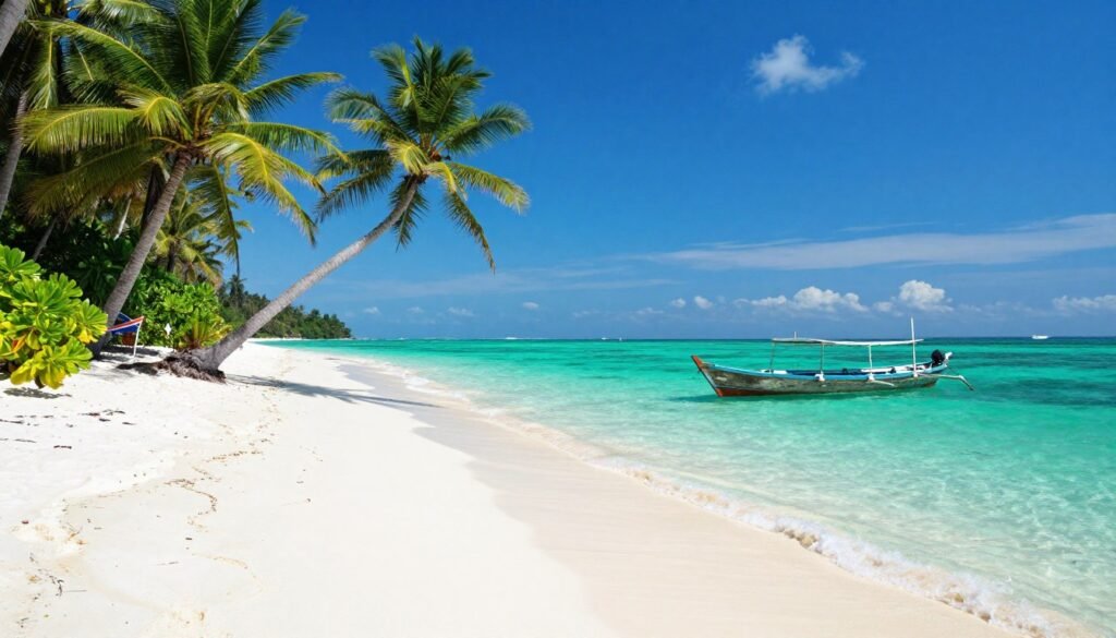 Koh Rong white sand beach with turquoise water and palm trees