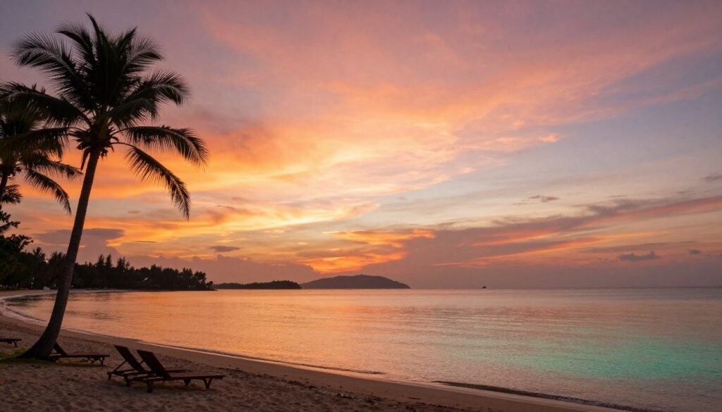 Koh Samui beach sunset with orange sky and calm waters
