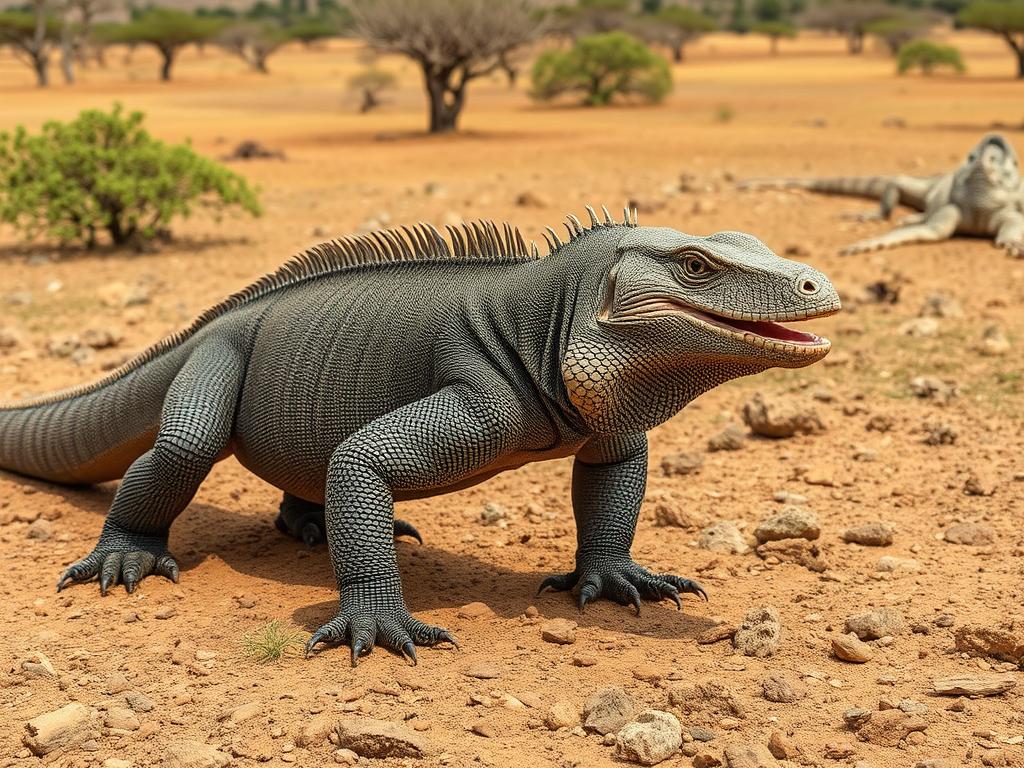 Komodo dragon walking on Rinca Island with dry savanna landscape - Indonesia travel guide