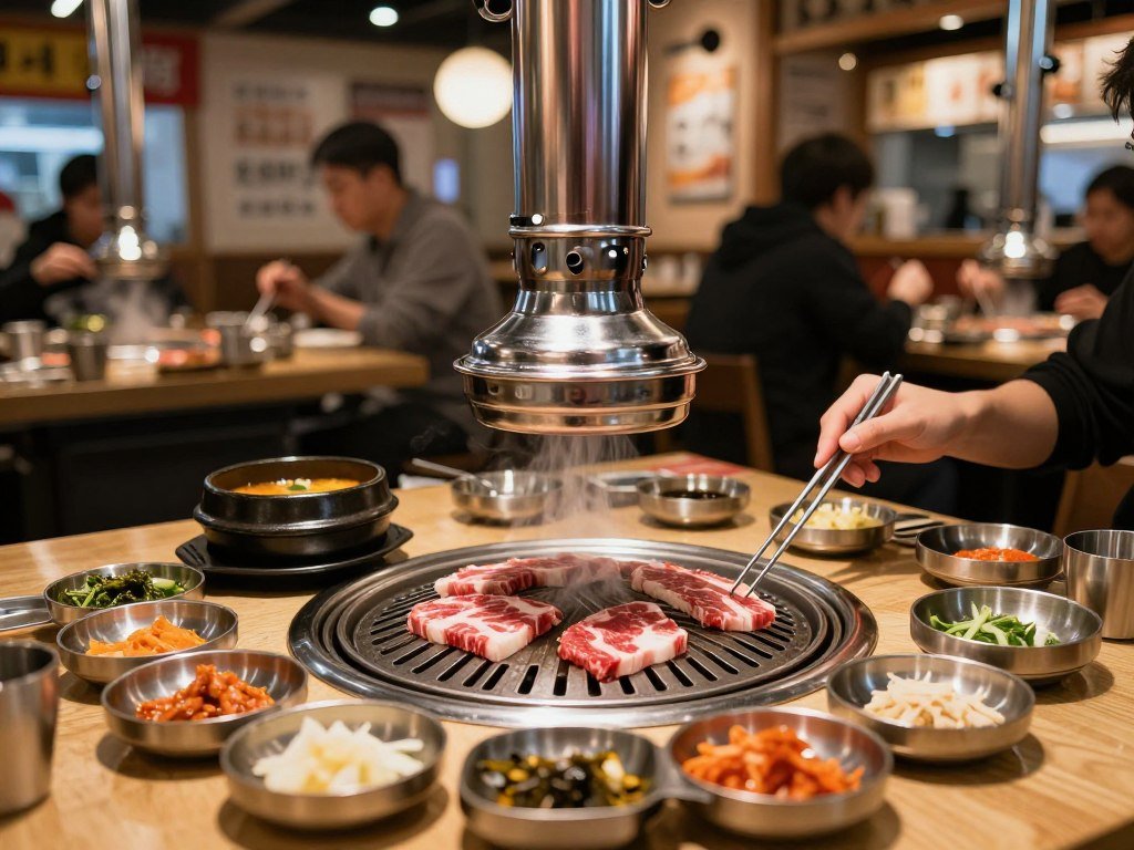 Korean BBQ restaurant with grilled meat on table
