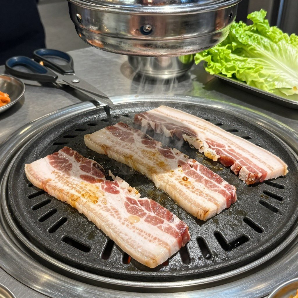 Korean BBQ samgyeopsal pork belly grilling