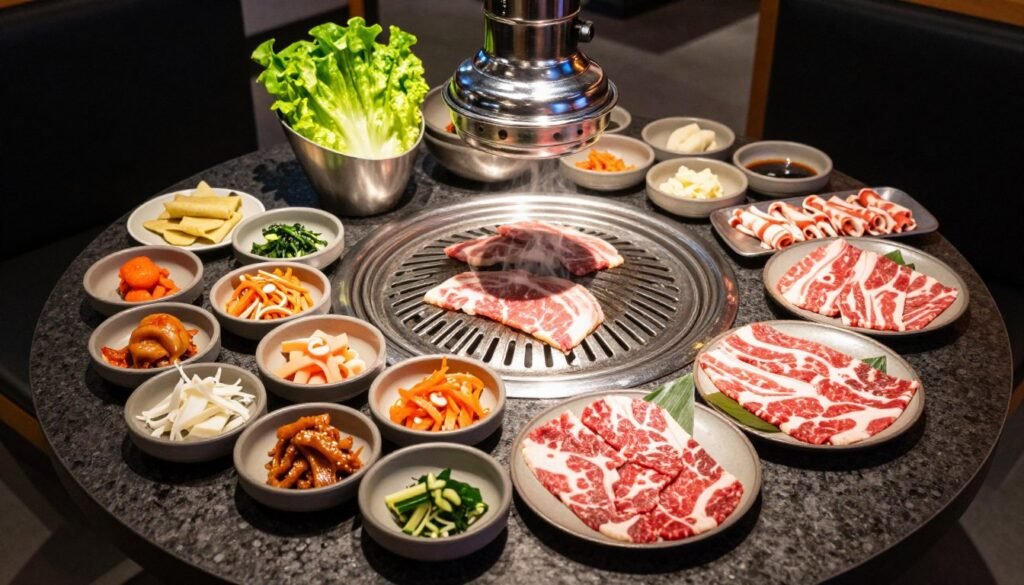 Korean BBQ spread with meat, banchan, and lettuce wraps