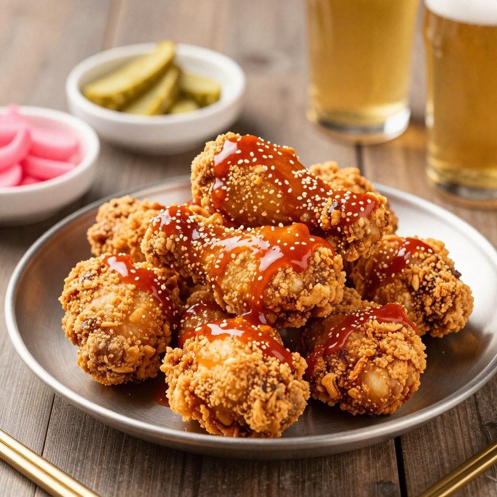 Korean fried chicken with sauce and beer