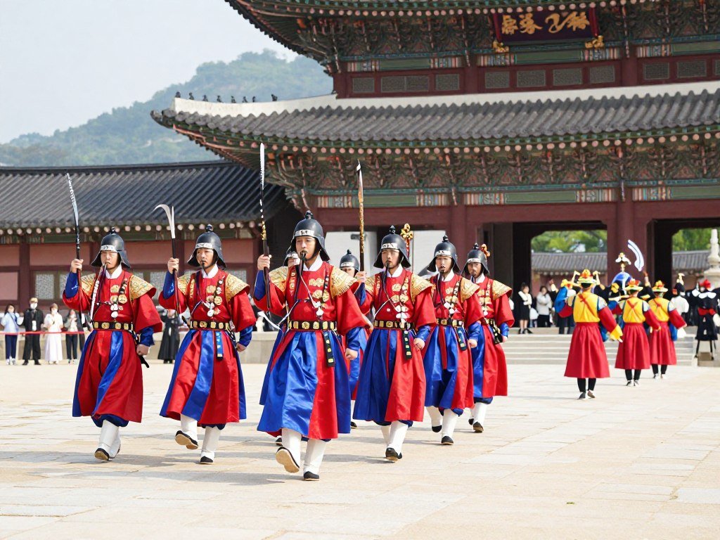 Korean palace traditional changing of guard ceremony with colorful uniforms