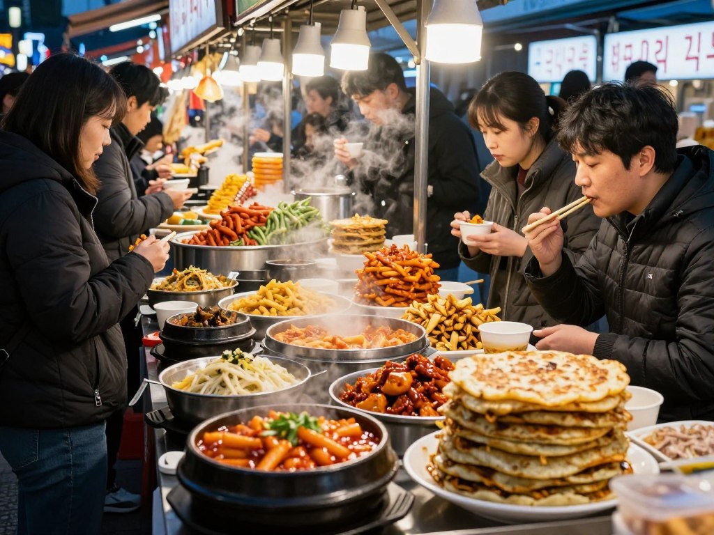 Korean street food market stalls with colorful dishes and crowds
