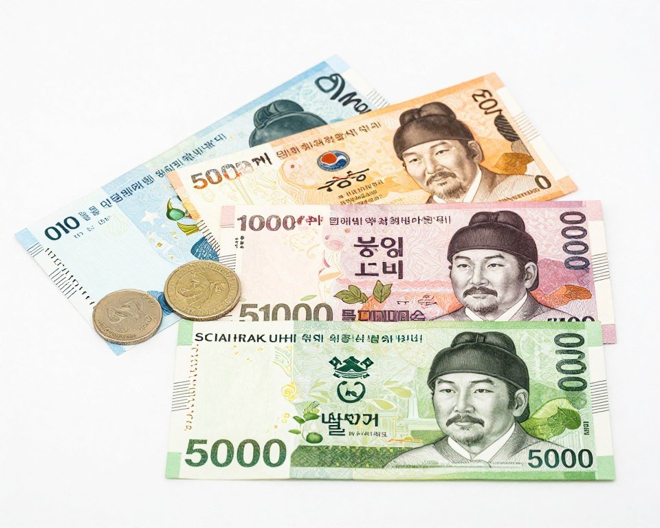 Korean won currency bills in different denominations spread on table