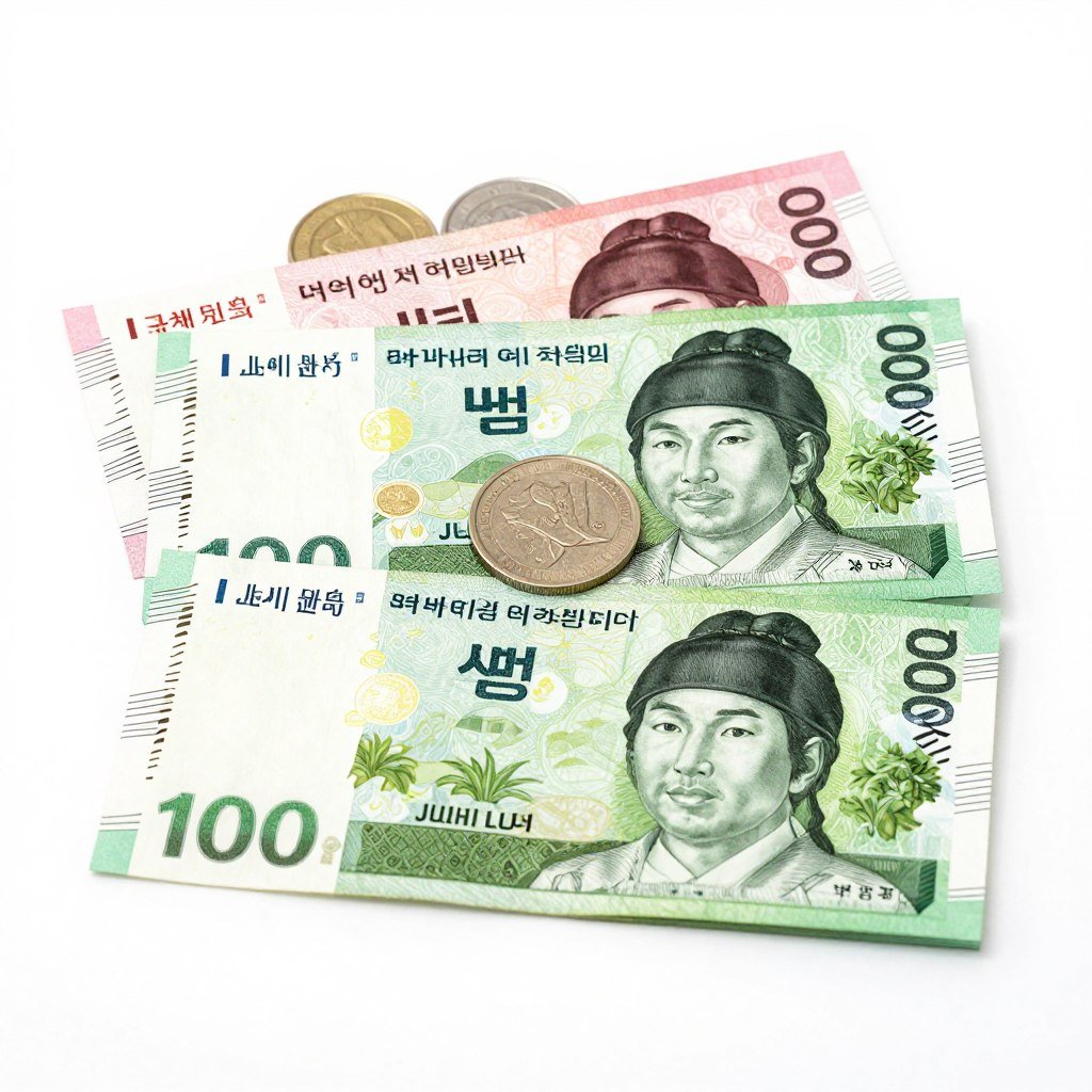 Korean won currency notes and coins