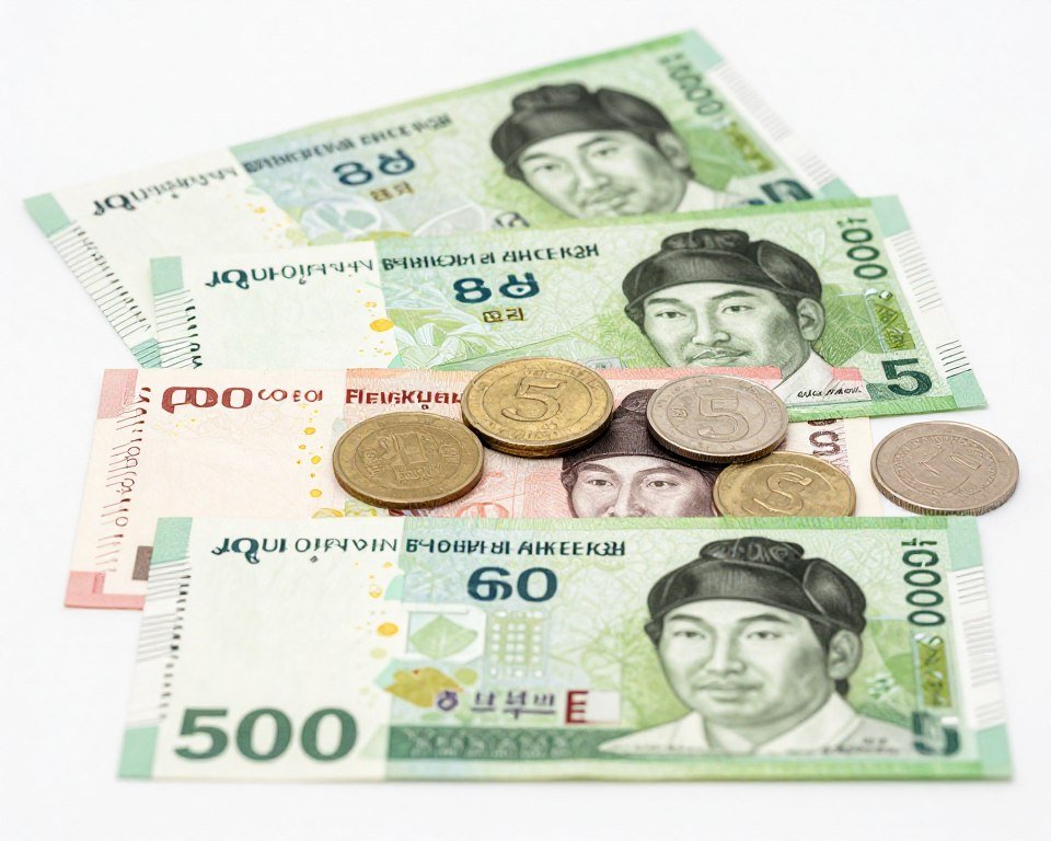 Korean won currency notes and coins
