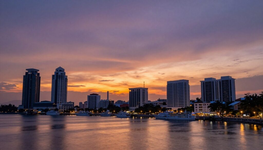 Kota Kinabalu city waterfront at sunset with colorful sky and buildings