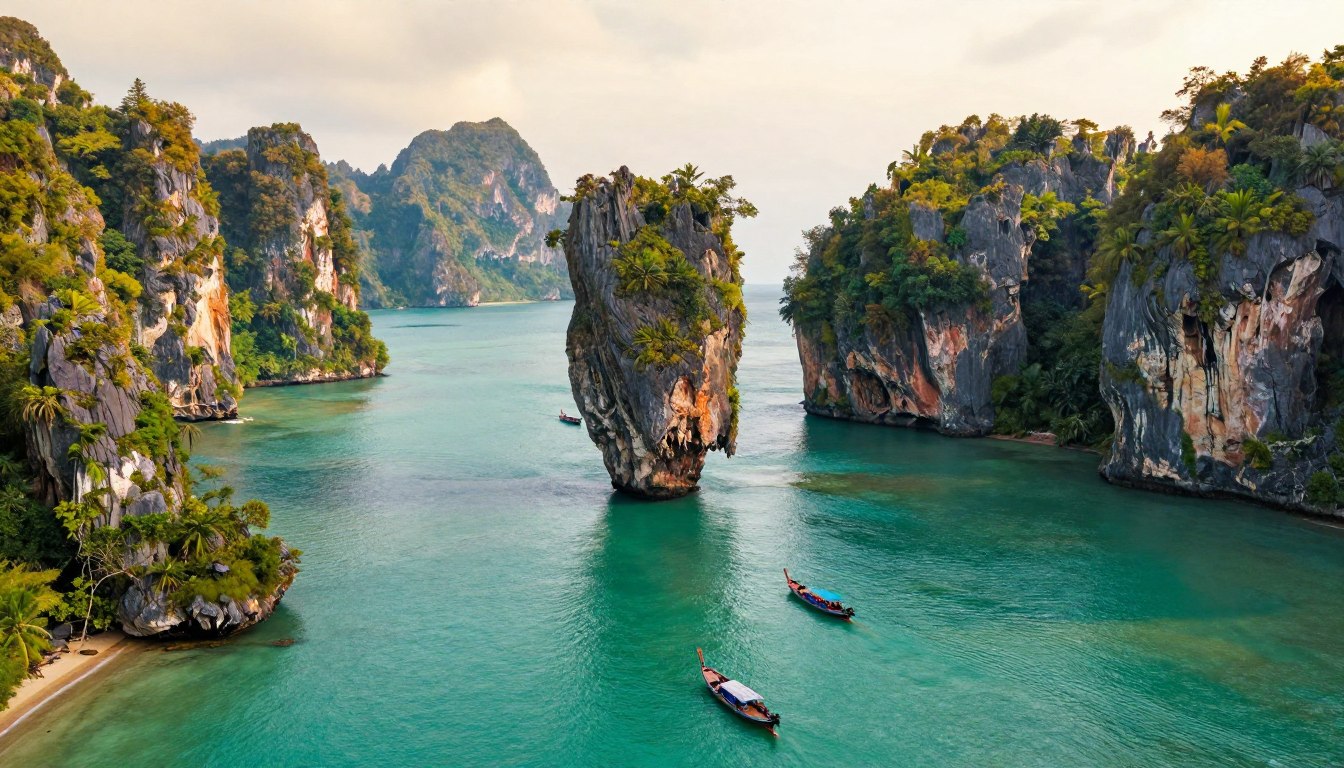 Krabi limestone karsts rising from turquoise Andaman Sea with longtail boats