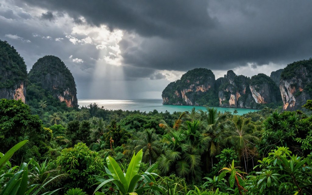 Krabi rainy season landscape with lush green vegetation and dramatic storm clouds