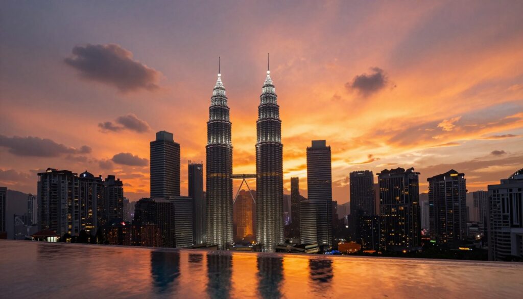 Kuala Lumpur skyline at sunset with vibrant colors