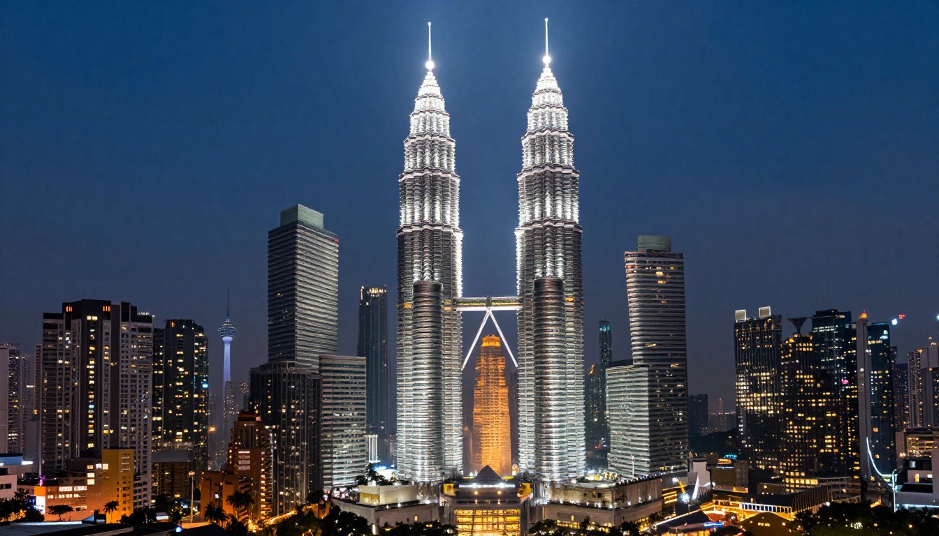 Kuala Lumpur travel guide featuring the iconic Petronas Twin Towers illuminated at night with the city skyline