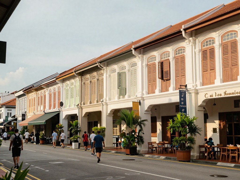 Kuching city street with colonial architecture and cafes