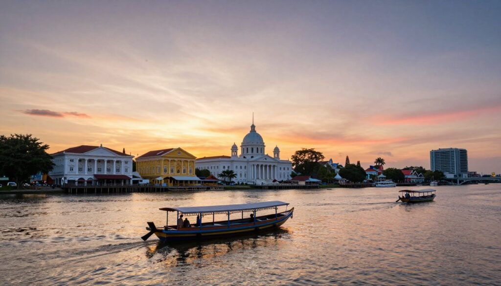 Kuching waterfront with historic buildings and boats