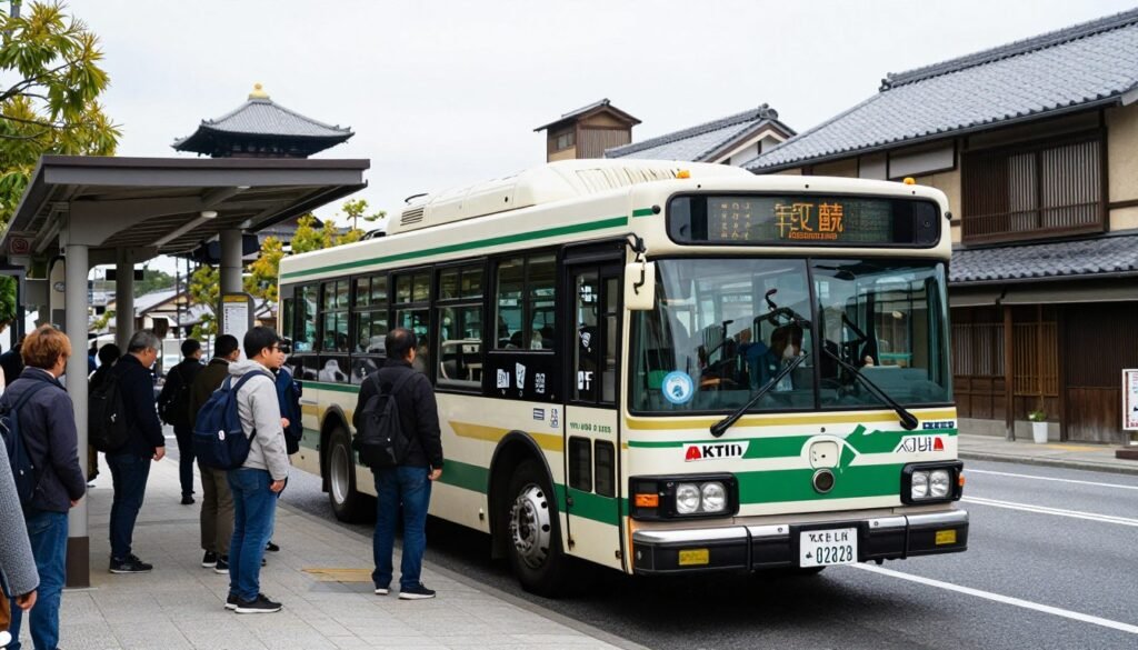 Kyoto city bus at stop with passengers boarding in front of traditional buildings Kyoto city bus at stop with passengers boarding in front of traditional buildings