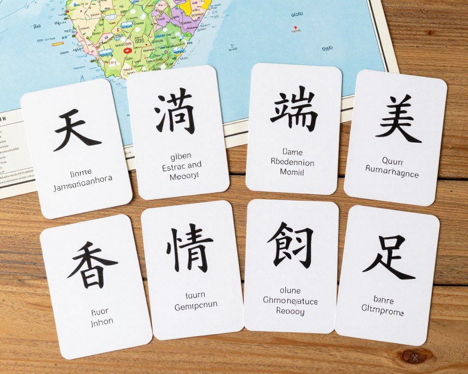 Laminated Chinese character flashcards showing dietary restriction phrases in traditional Chinese with English translations for Taiwan travel