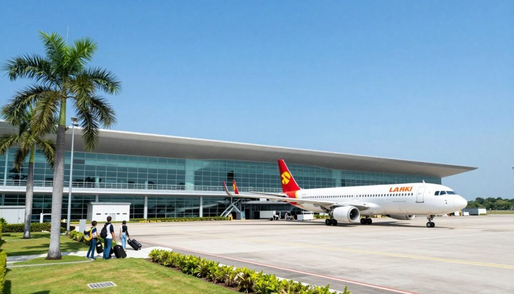 Langkawi International Airport terminal with planes and tropical surroundings