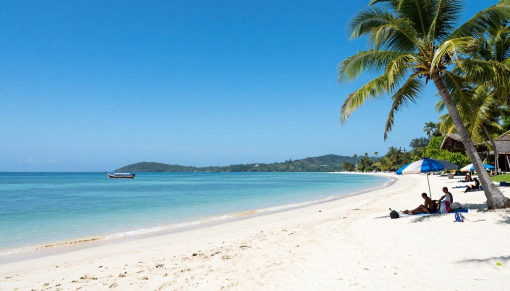 Langkawi beach during peak season with clear blue sky and calm waters