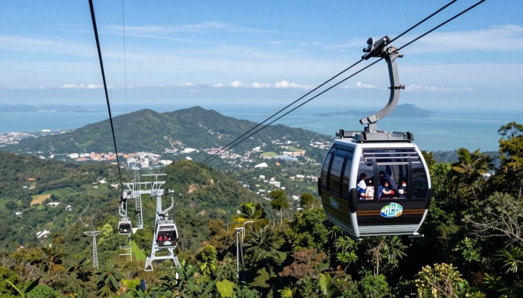 Langkawi cable car ascending to mountain peak with panoramic views