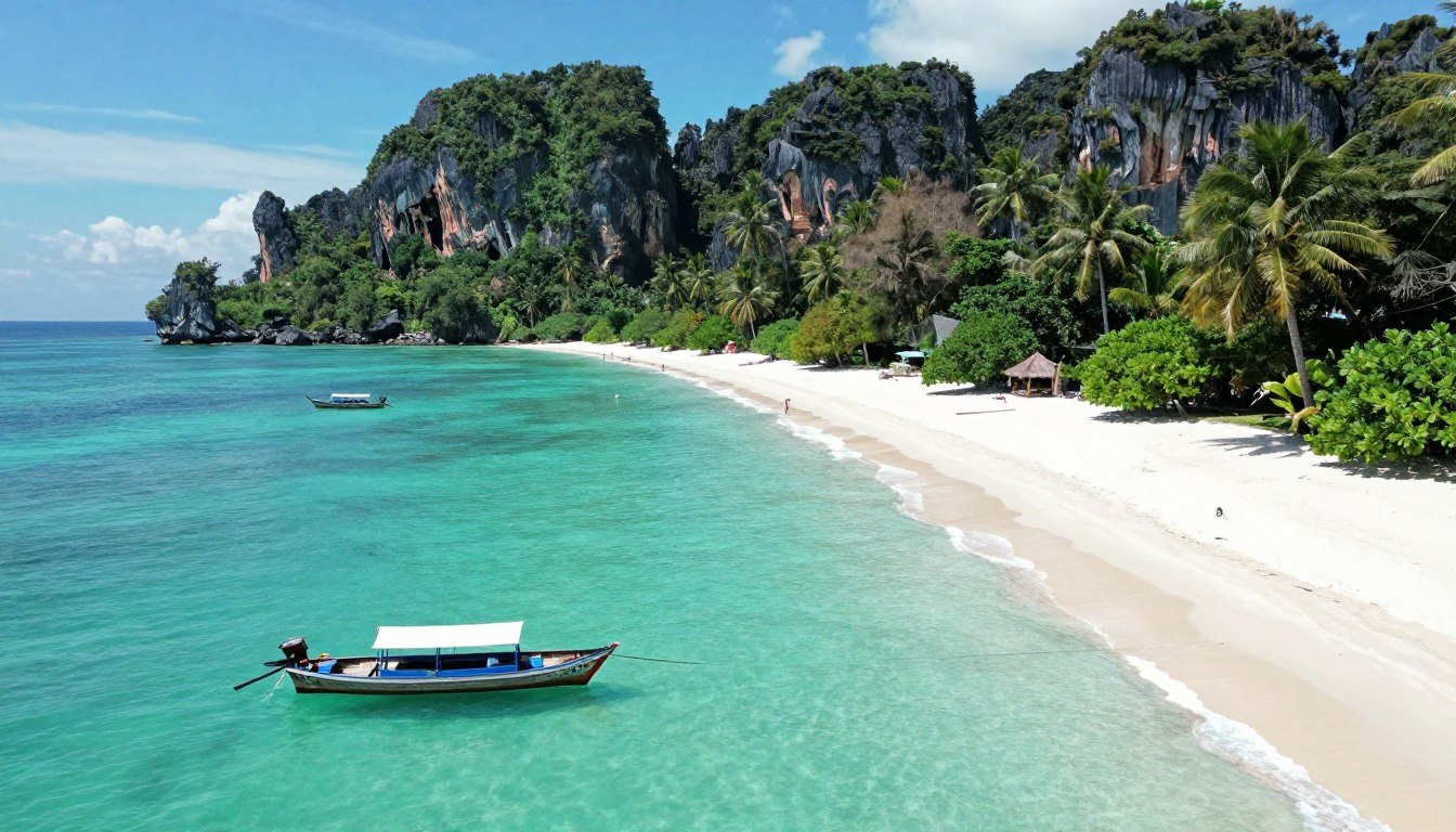 Langkawi travel guide showcasing pristine beach with turquoise waters and limestone cliffs