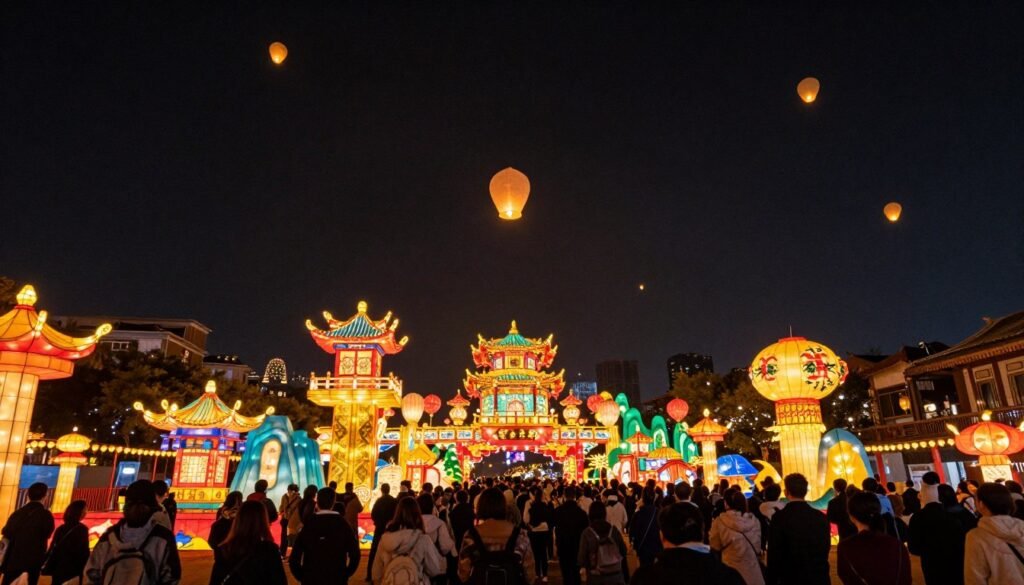 Lantern Festival celebration with colorful lanterns illuminating night sky Lantern Festival celebration with colorful lanterns illuminating night sky