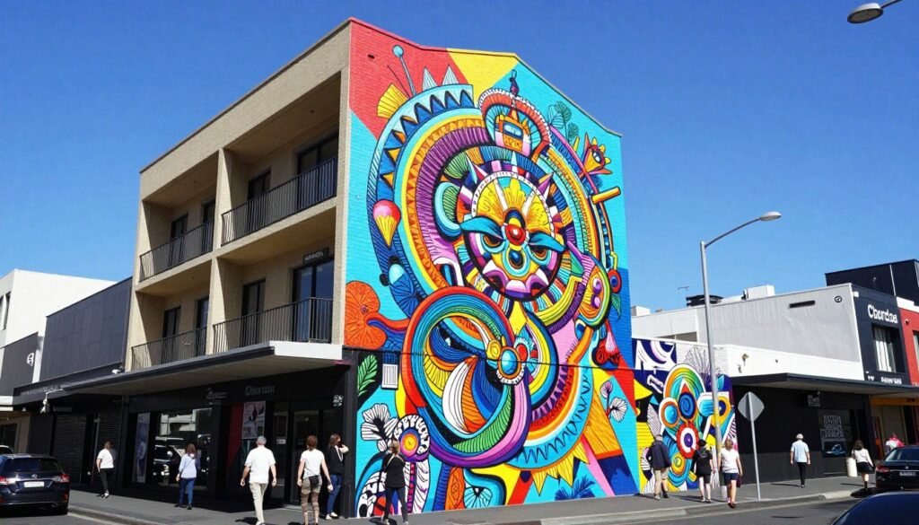 Large scale street art mural in Northbridge featuring colorful design