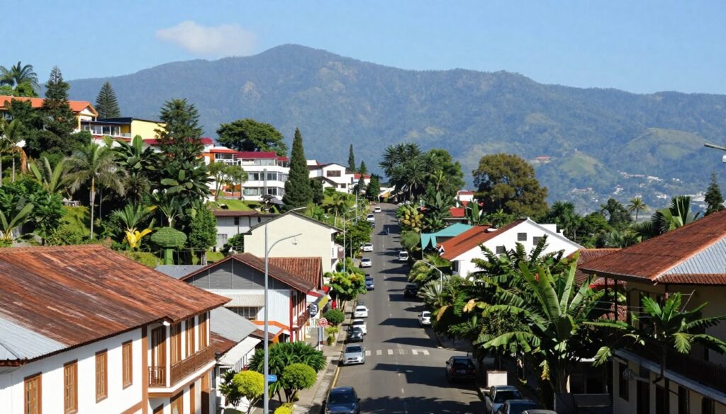 Lembang town with colonial-style buildings and mountain backdrop