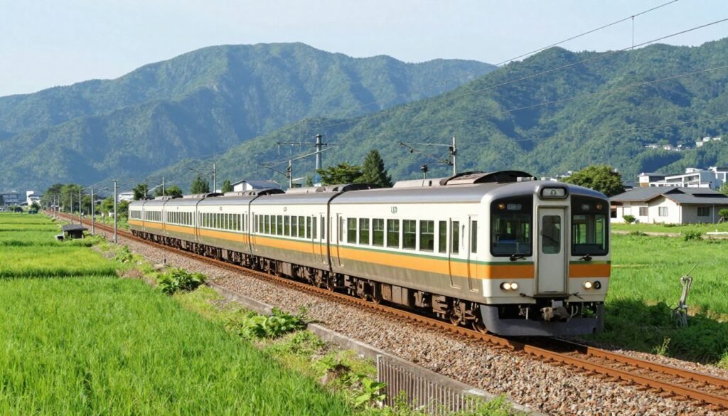 Limited express train traveling through Hokkaido countryside
