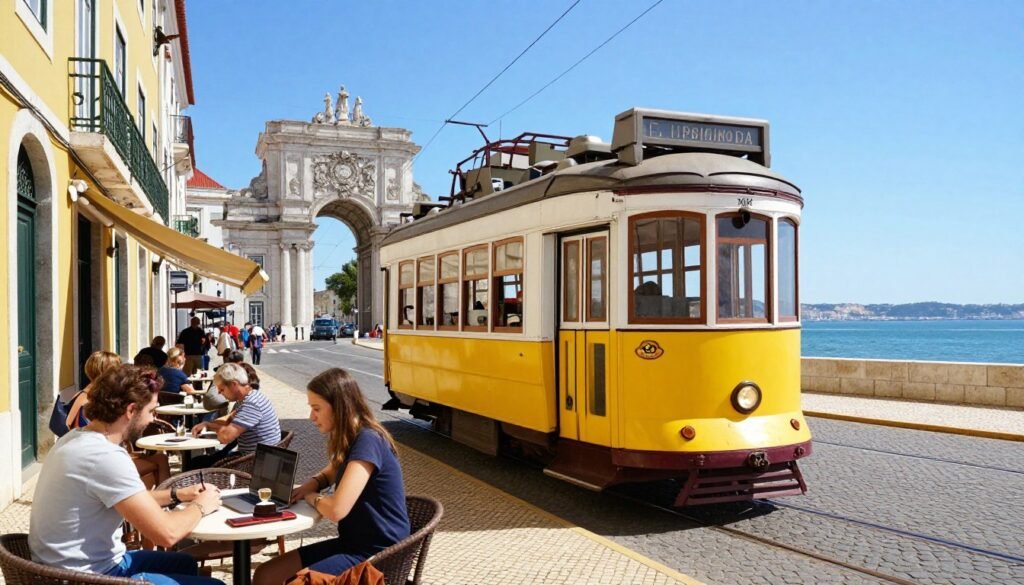 Lisbon cityscape with traditional yellow tram and digital nomads at outdoor cafe