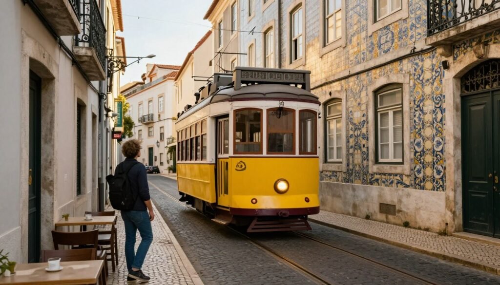 Lisbon yellow tram on historic street with solo traveler