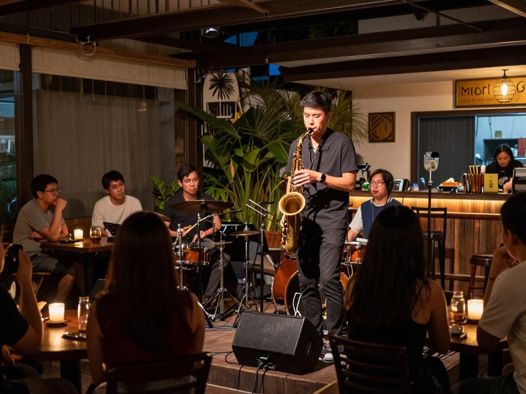 Live jazz performance at North Gate Jazz Co-Op in Chiang Mai with musicians and intimate venue Live jazz performance at North Gate Jazz Co-Op in Chiang Mai with musicians and intimate venue
