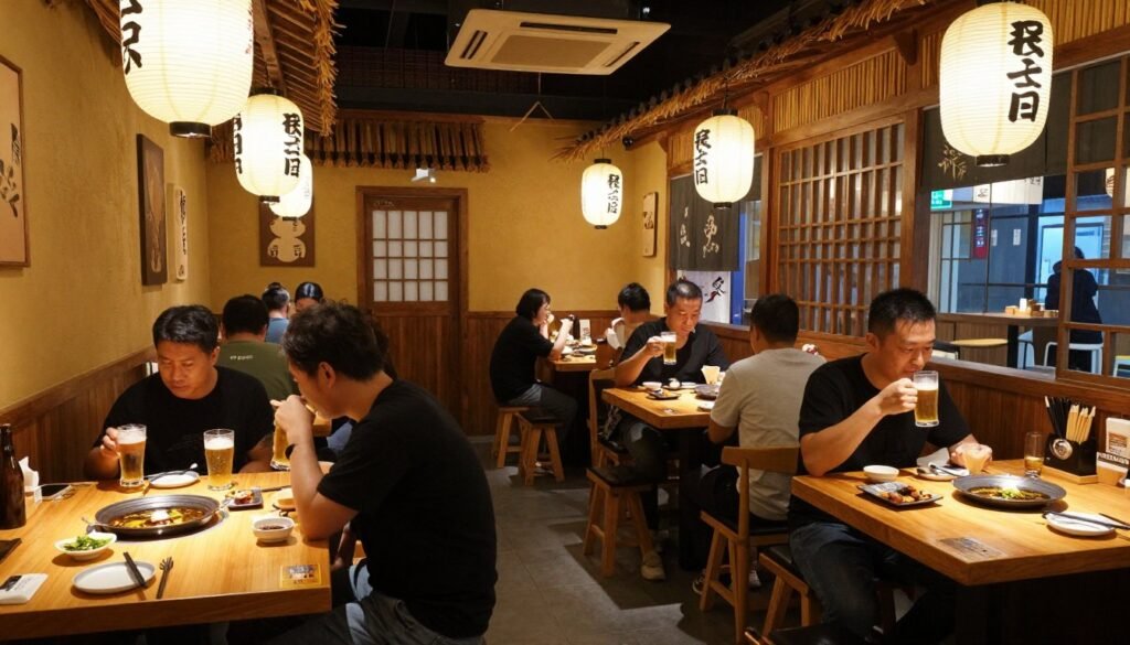 Lively izakaya interior with customers drinking and eating