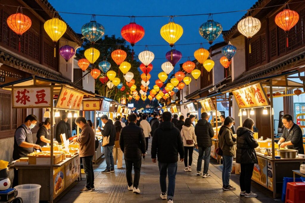 Lively night scene at Chiang Mai night market with colorful lights