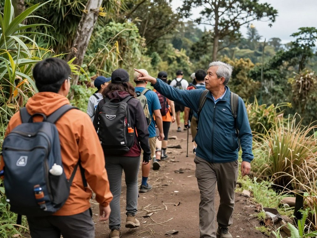 Local Balinese guide leading tourists on safe trek