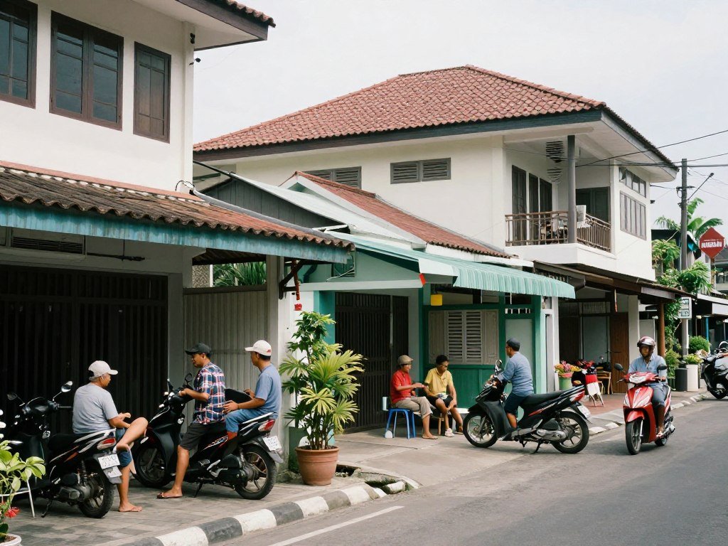 Local Bandung neighborhood with residents and daily life scenes