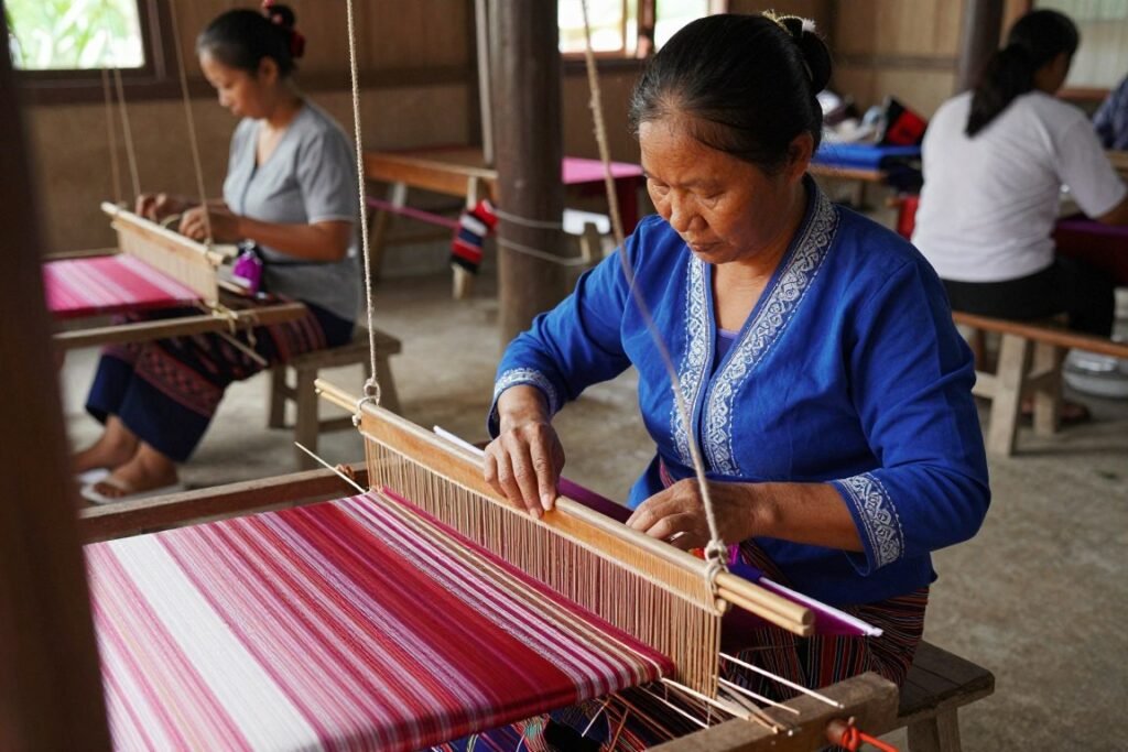 Local Cambodian artisan weaving traditional silk Local Cambodian artisan weaving traditional silk