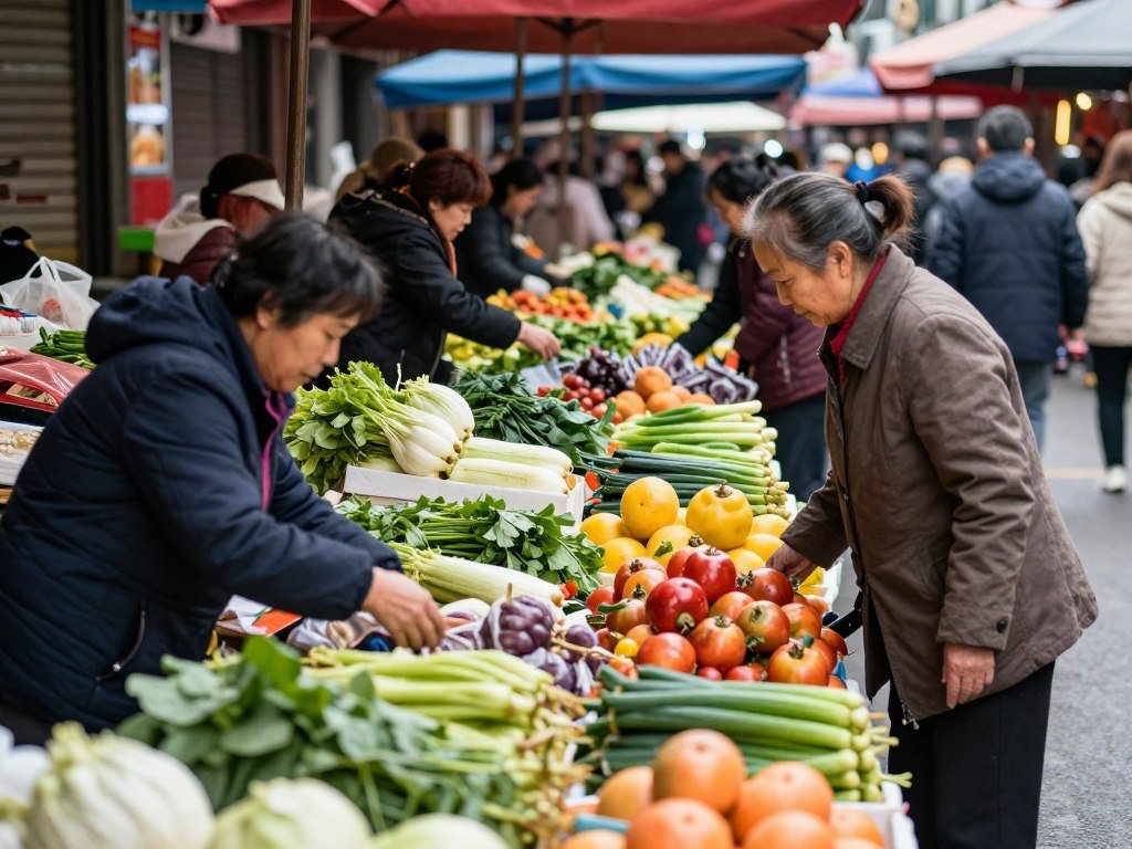 Local Chengdu neighborhood market with residents shopping