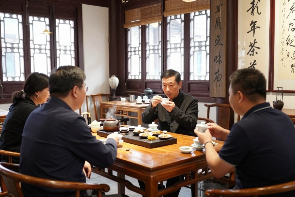 Local Shanghai residents having tea in traditional teahouse setting