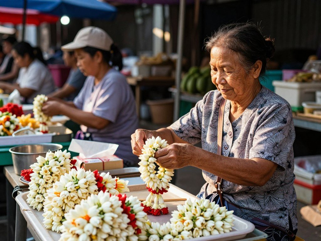 Local Thai woman selling fresh flowers at a neighborhood morning market in Bangkok
