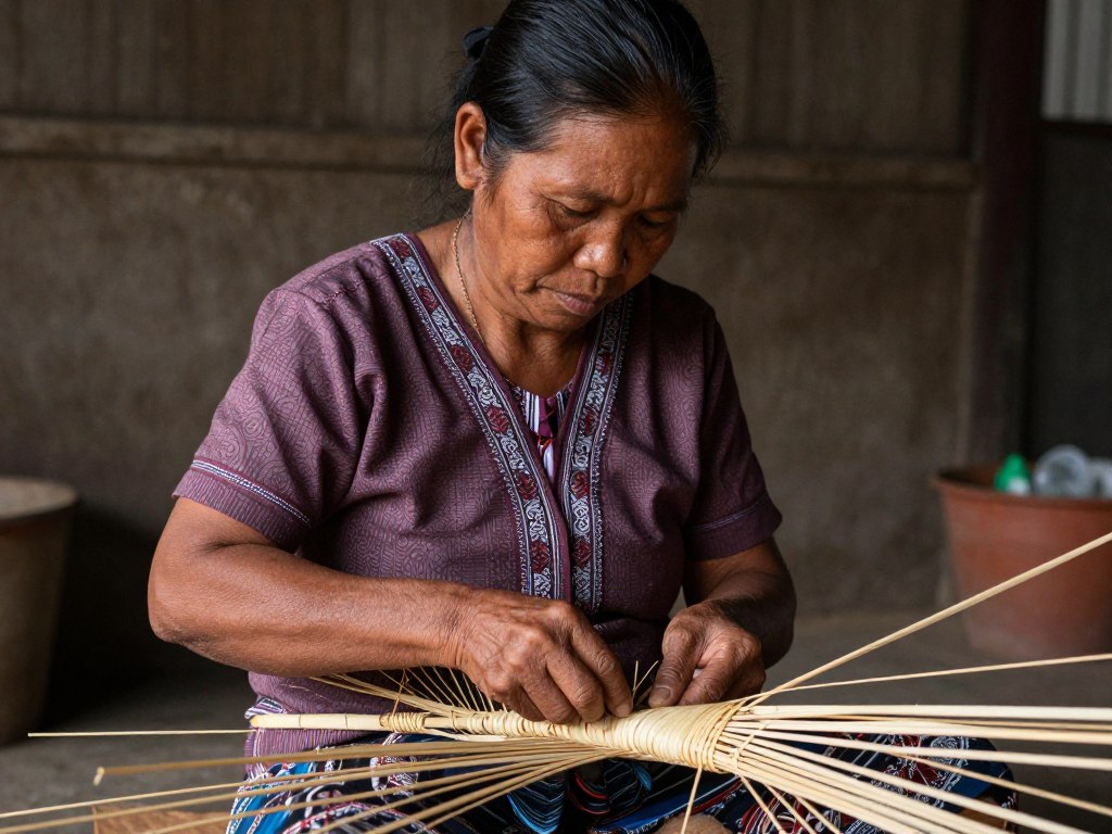 Local artisan woman creating traditional handicraft with natural materials